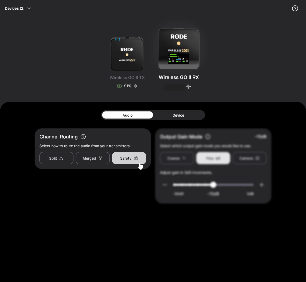 RØDE Central showing Wireless GO II safety channel enabled